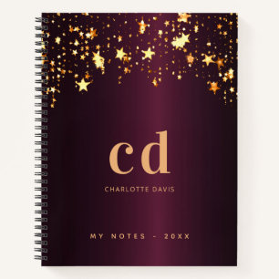 Burgundy gold stars monogram name elegant notebook