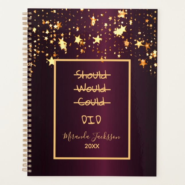 Burgundy gold stars motivational quote 2025 planner (Front)