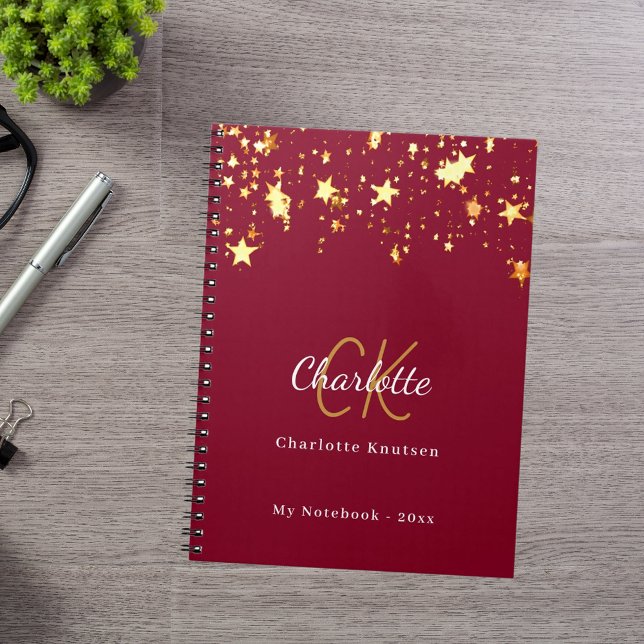 Burgundy gold stars name monogram notebook (Creator Uploaded)