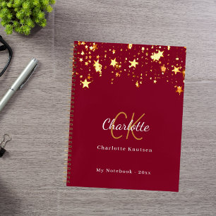 Burgundy gold stars name monogram notebook