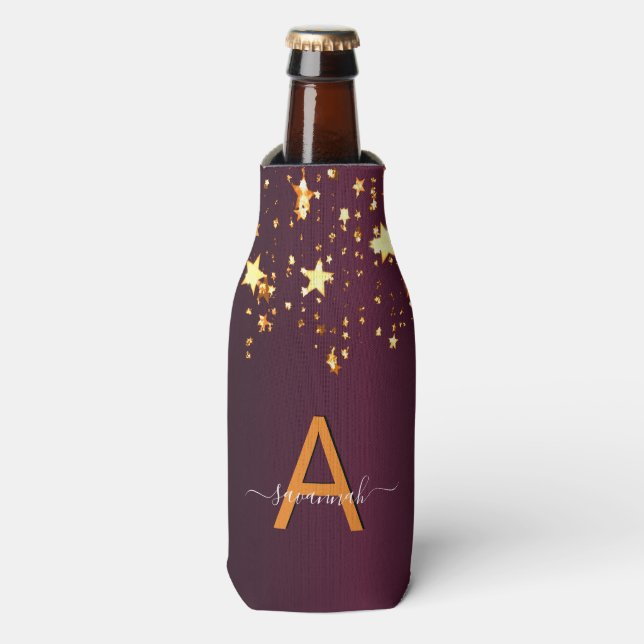 Burgundy gold stars party monogram name bottle cooler (Bottle Front)