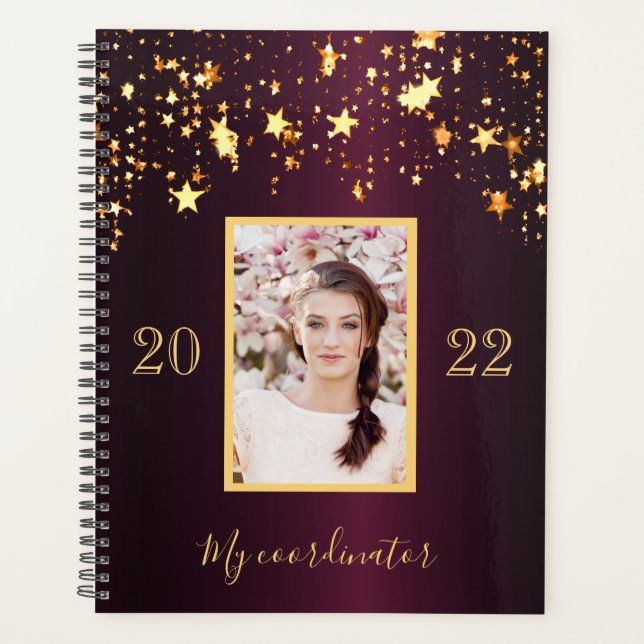 Burgundy gold stars photo 2026 planner (Front)