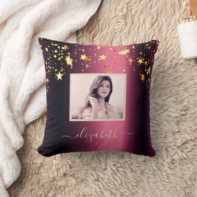 Burgundy gold stars photo name cushion (Blanket)