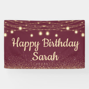 Burgundy Gold String Lights Glitter Happy Birthday Banner
