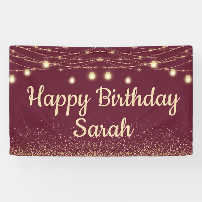Burgundy Gold String Lights Glitter Happy Birthday Banner (Horizontal)