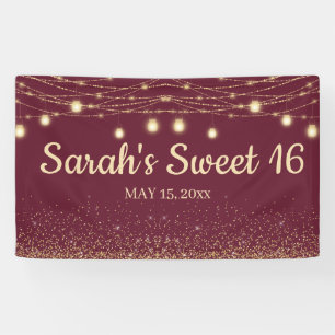 Burgundy Gold String Lights Glitter Sweet 16 Banner