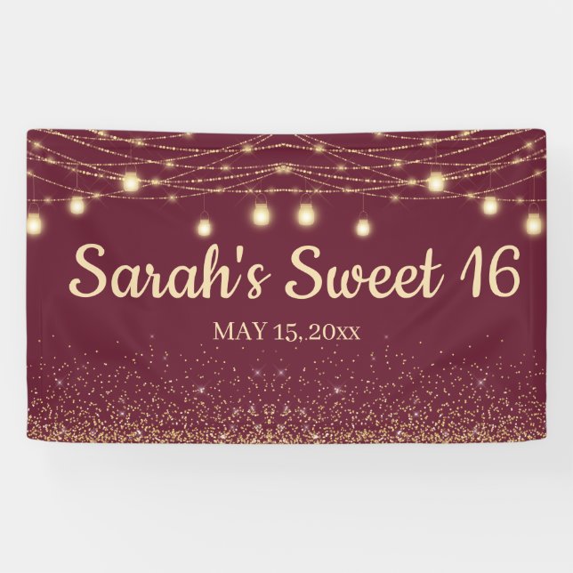 Burgundy Gold String Lights Glitter Sweet 16 Banner (Horizontal)