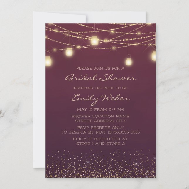 Burgundy Gold String Lights Lanterns Bridal Shower Invitation (Front)