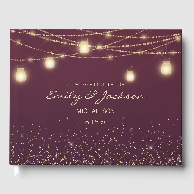 Burgundy Gold String Lights Lanterns Wedding Guest Book (Front)