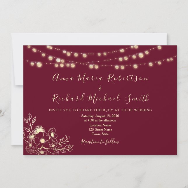 Burgundy Gold String Lights Wedding Invite (Front)