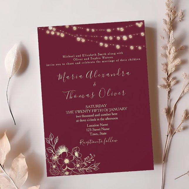 Burgundy Gold String Lights Wedding Invite (Creator Uploaded)