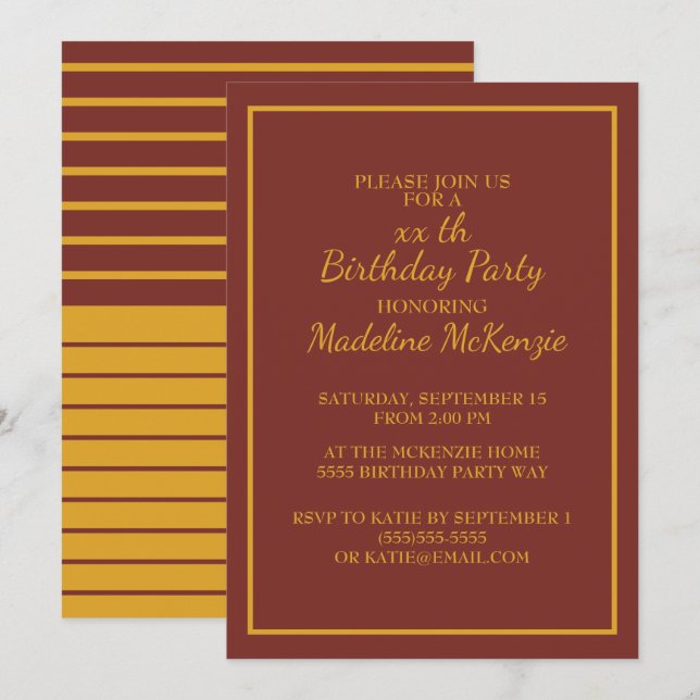 Burgundy Gold Striped Birthday Party Invite (Front/Back)