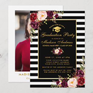 Burgundy Gold Striped Graduation Party Photo Back Invitation