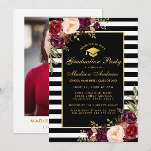 Burgundy Gold Striped Graduation Party Photo Back Invitation