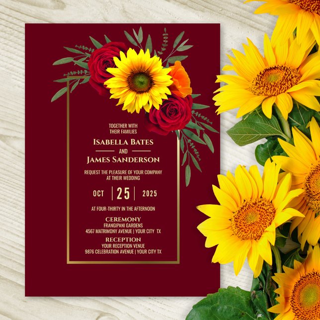 Burgundy Gold Sunflower Red Rose Wedding Invitation (Creator Uploaded)