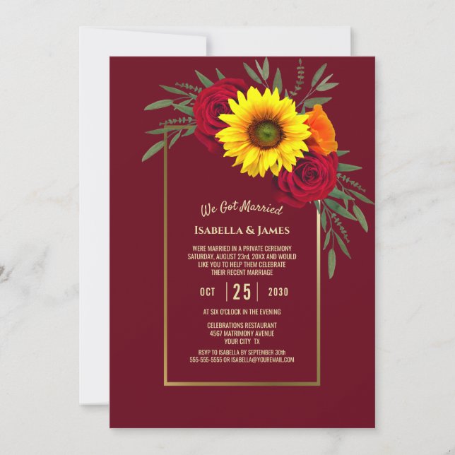 Burgundy Gold Sunflower Red Rose Wedding Reception Invitation (Front)