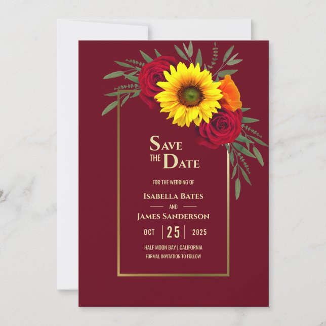 Burgundy Gold Sunflower Red Rose Wedding Save The  Date (Front)