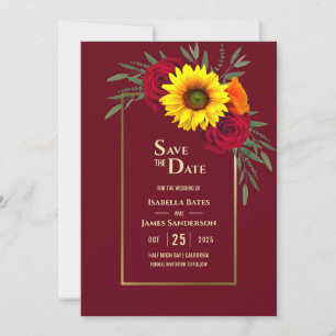 Burgundy Gold Sunflower Red Rose Wedding Save The  Date