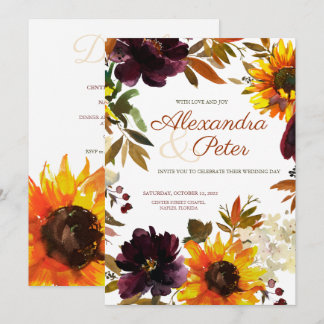 Burgundy & Gold Sunflower Wedding Invitations