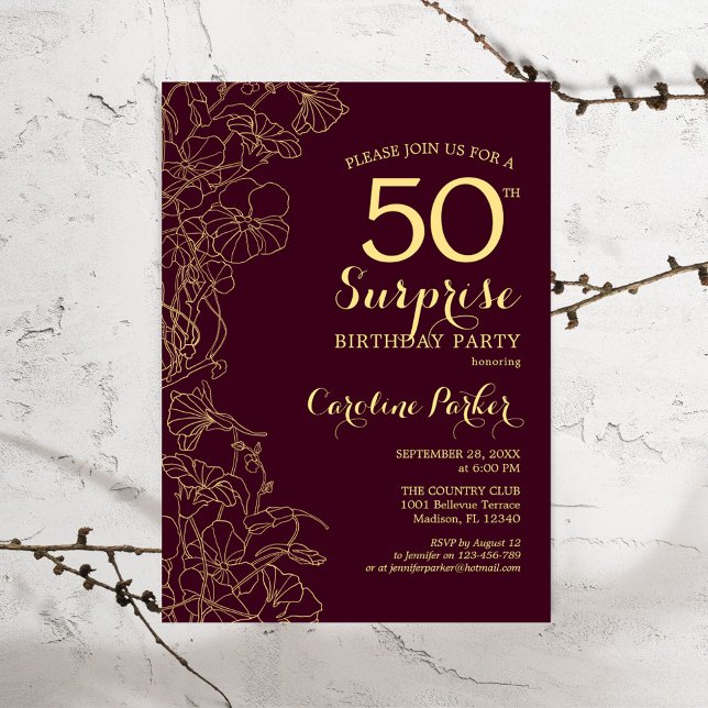 Burgundy Gold Surprise 50th Birthday Party Invitation (Creator Uploaded)
