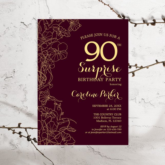 Burgundy Gold Surprise 90th Birthday Party Invitation (Creator Uploaded)