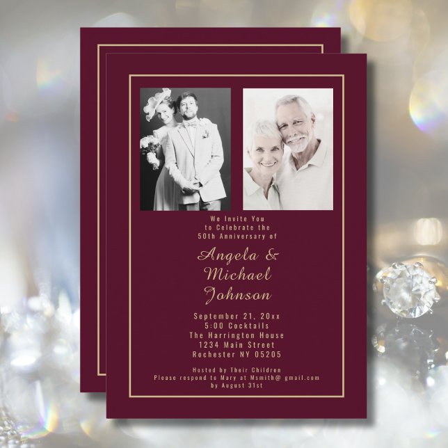 Burgundy Gold Then and Now 50th Anniversary Photo Invitation (Creator Uploaded)