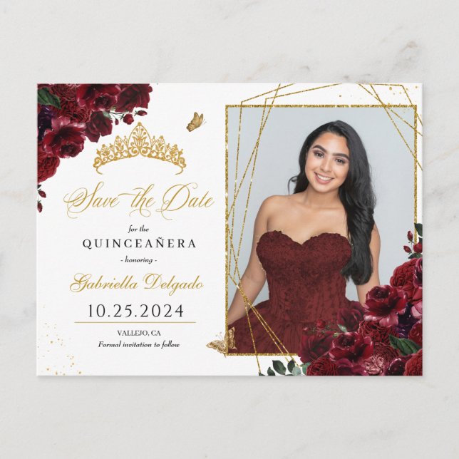 Burgundy & Gold Tiara Quinceañera Photo Postcard (Front)