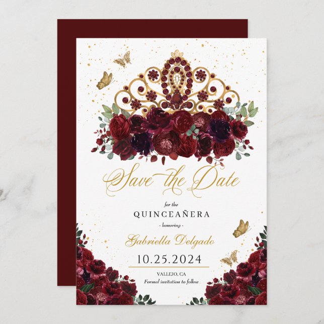 Burgundy & Gold Tiara Save The Date Quinceañera Invitation (Front/Back)