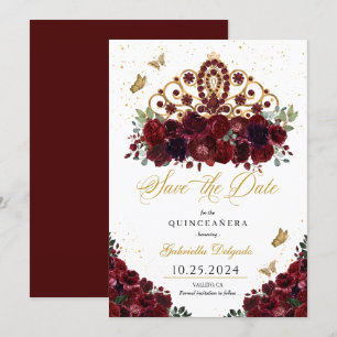 Burgundy & Gold Tiara Save The Date Quinceañera Invitation