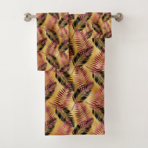 Burgundy gold tiled leaf pattern Bath Towel Set