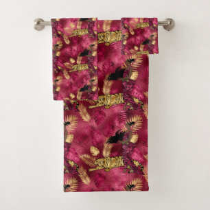 Burgundy gold tiled pattern bath towel set