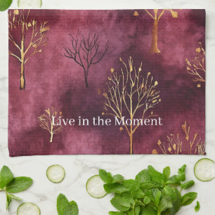 Burgundy Gold Trees Tea Towel
