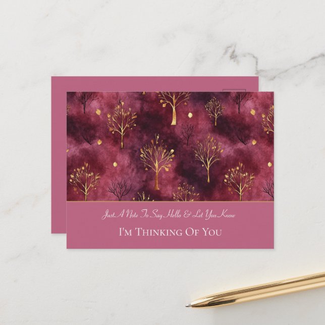 Burgundy Gold Trees Thinking of You Postcard (Front/Back In Situ)
