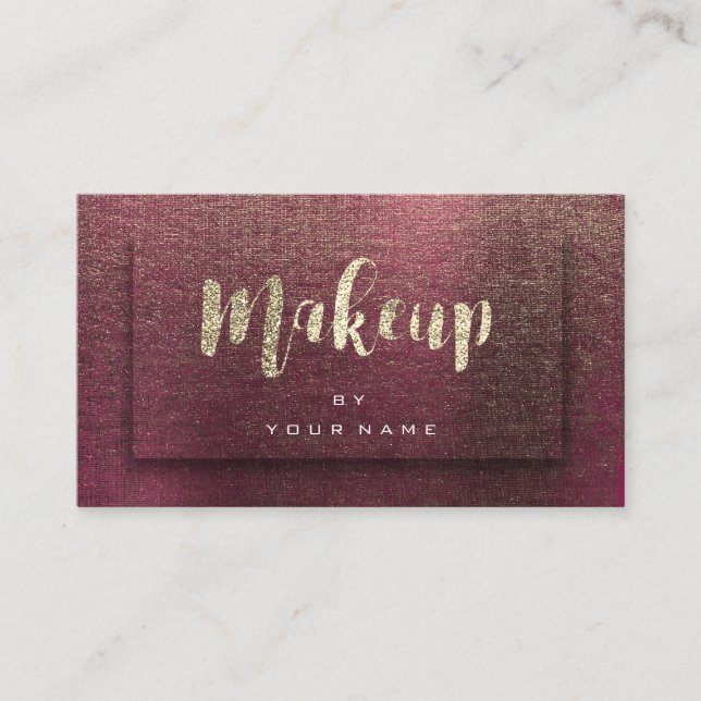 Burgundy Gold Typograph Makeup 3D Effect Linen Business Card (Front)