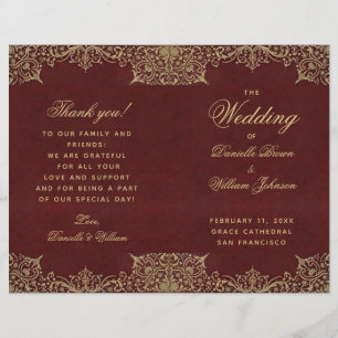 Burgundy Gold Vintage Red Folded Wedding Program