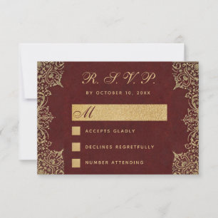 Burgundy Gold Vintage Wedding Elegant Calligraphy  RSVP Card