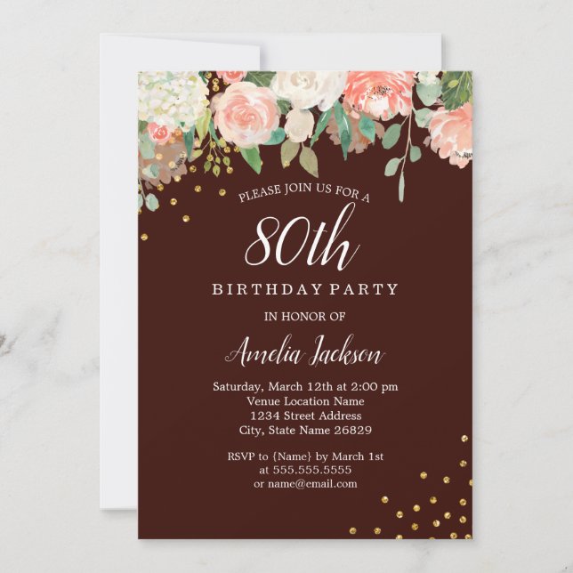 Burgundy Gold Watercolor Floral 80th Birthday Invitation (Front)