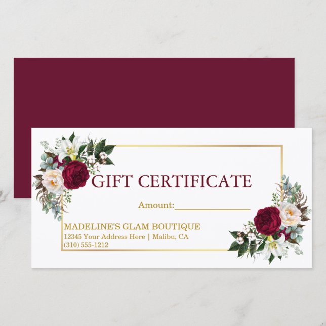 Burgundy Gold Watercolor Floral Gift Certificate (Front/Back)