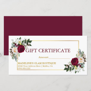 Burgundy Gold Watercolor Floral Gift Certificate