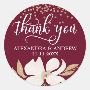 Burgundy Gold Watercolor Floral Wedding Thank You Classic Round Sticker