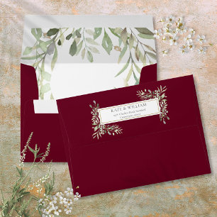 Burgundy Gold Watercolor Greenery Return Address Envelope