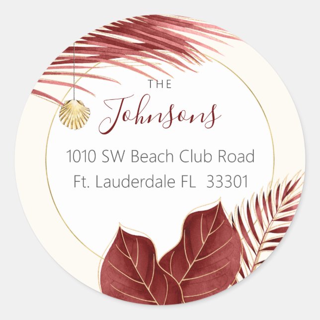 Burgundy Gold Watercolor Greenery Tropical Holiday Classic Round Sticker (Front)