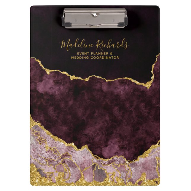 Burgundy & Gold Watercolor Marble Agate Gilded Clipboard (Front)