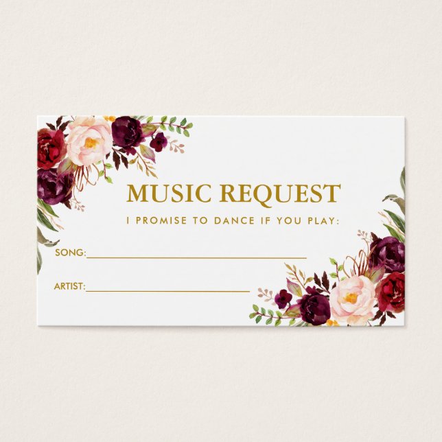 Burgundy Gold Wedding Music Song Request Card G (Front)