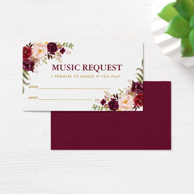 Burgundy Gold Wedding Music Song Request Card GB (Desk)