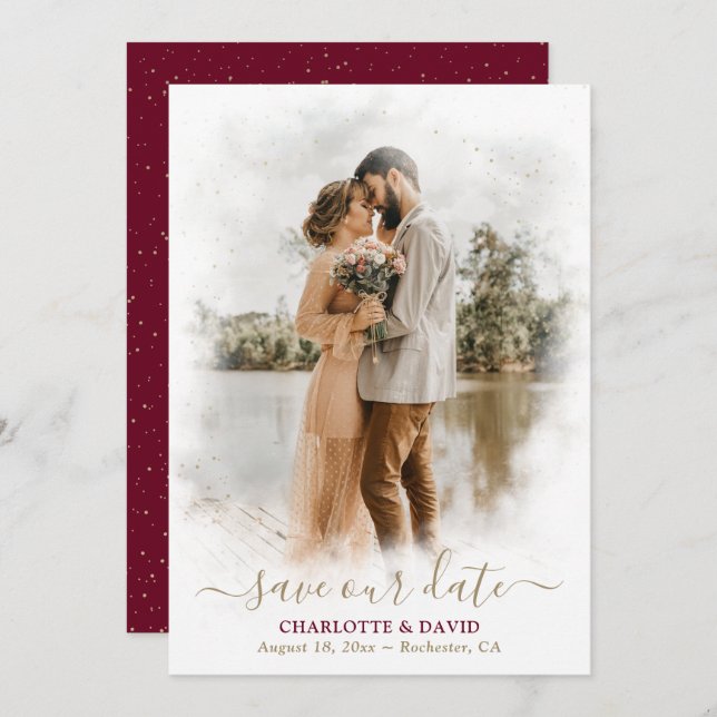 Burgundy Gold Wedding Photo Save Our Date Card (Front/Back)