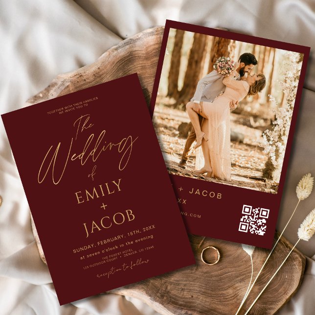 Burgundy Gold Wedding QR Code Photo Script Invitation (Creator Uploaded)