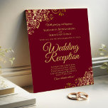Burgundy & Gold Wedding Reception BUDGET Invite<br><div class="desc">These affordable, budget friendly wedding reception invitations are the perfect choice for class, style, and beauty on a budget. Designed for guests who are invited to the reception but not the ceremony, they feature a burgundy, maroon, or wine-red background with ornate golden faux foil frills in the corners. The typography...</div>