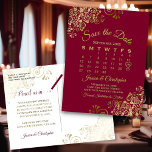 Burgundy & Gold Wedding Save the Date Calendar Announcement Postcard<br><div class="desc">This beautiful save the date postcard will give your friends and family advance notice of your upcoming wedding. It features a clever design with a custom calendar where you can put a heart around your wedding date. The background is a maroon or reddish burgundy color, and there are decorative gold...</div>