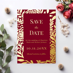 Burgundy gold wedding Save the Date foil card